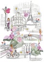 Set of Parisian symbols with the Eiffel tower, fashion girls and lettering Bonjour, fashion girls in hats, architectural elements.